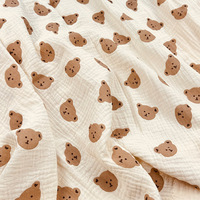 Tela de Gasa Arrugada de Doble Capa 100% Algodón 40S, Tela Suave con Estampado de Osito de Peluche, Transpirable, para Ropa de Bebé