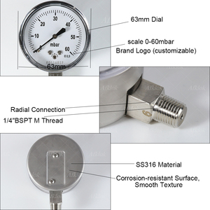 S316 शुष्क दबाव गेज 63 मिमी 0-60mbar 1/<span class=keywords><strong>4</strong></span> "bspt m रेडियल कनेक्शन-उच्च परिशुद्धता औद्योगिक गेज - Product Image 2