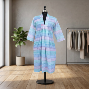 Kaftan Beautiful Bohemian Washable 100% Cotton Dress for Women Maxi Wrap Summer Style in Sky Blue <b>Hand</b> <b>Paint</b> Print Floor-Length - Product Image 2