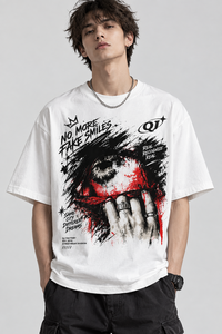 T-shirt Streetwear Oversize con Spalle Cadenti, Stampa Grafica Gotica Occhio Insanguinato e Mano Tatuata, Effetto Graffiti Invecchiato e Testo Vintage, Lavaggio Delavé - Product Image 2