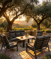 Ensemble de canapés cylindriques de luxe pour extérieur, jardin et cour d'hôtel, avec dossier réglable, coussin intégré et plateau relevable en pierre frittée