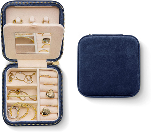 Logo Custom Women Travel Jewelries Case Ladies Small Navy Blue Earring Rings Necklaces Velvet Jewelry Box Organizer With Mirror