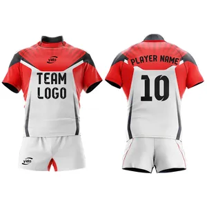 设计您自己的团队红色白色升华橄榄球制服，带有自定义徽标名称编号