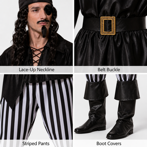 Ensemble de <span class=keywords><strong>costume</strong></span> de capitaine pirate pour <span class=keywords><strong>homme</strong></span>, <span class=keywords><strong>style</strong></span> années 1920, pour Halloween, film ou série TV, comprenant un haut noir, un pantalon rayé, un foulard, une bandeau pour l'œil, une ceinture et des couvre-bottes - Product Image 4