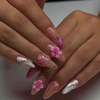 Lot de 10 faux ongles en acrylique faits à la main, forme amande, effet œil de chat, courts, avec colle, pré-dessinés, vente en gros