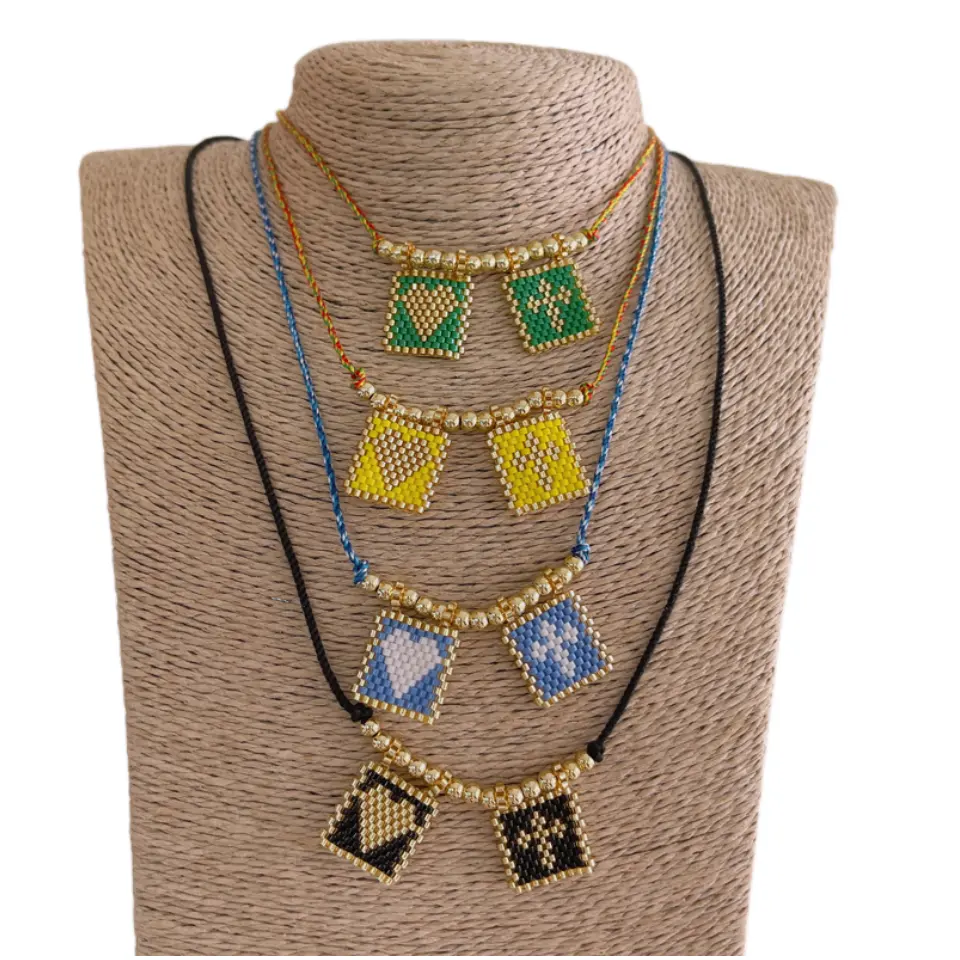 Hawaiian Casual Braided Rope Jewelry Miyuki Beads Thread Heart Cross Pattern Gold Plated Brass Bead Necklace