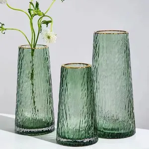 Оптовая продажа, украшения для дома, недорогие вазы в форме конуса из стекла с золотым ободом