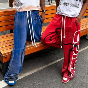 กางเกงขายาวทรงตรงแบบหลวมพิมพ์โลโก้ตามสั่ง คุณภาพสูง ผ้าฝ้ายเฟรนช์เทอร์รี่ฟอกสี กางเกงจ็อกเกอร์ลำลองทรงโอเวอร์ไซส์สำหรับผู้ชาย - Product Image 2