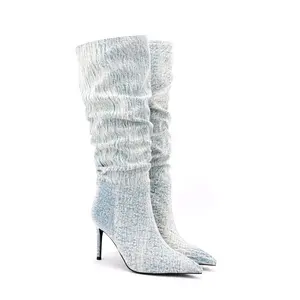 รองเท้าคัทชูหัวแหลมผ้าผ้ายีนส์สำหรับผู้หญิง,รองเท้าบูทยาวครึ่งเข่าแฟนซีปี2022