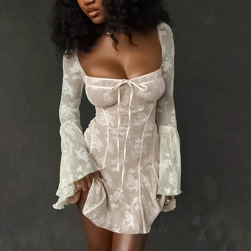 Internet celebrity lace design flower printed long sleeve tied short dress women