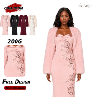Anjie OEM ODM Robe moulante midi rose à sequins pour femme avec boléro en fausse fourrure, ensemble 2 pièces, marque privée personnalisée, vente en gros