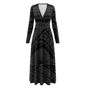 Vestidos Maxi Negros Ajustados a la Cintura con Estampado de Tatuaje Tribal Polinesio de Alta Calidad Personalizados, Elegantes para Mujer, MOQ1 - Product Image 3