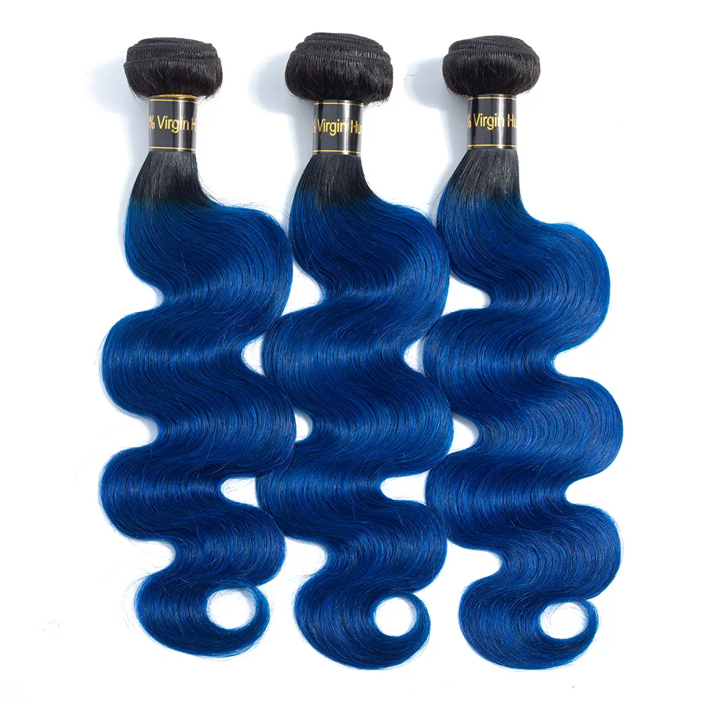 Extensiones de cabello humano Remy, mechones de pelo de trama de Balayage de doble estiramiento, color azul, 1B