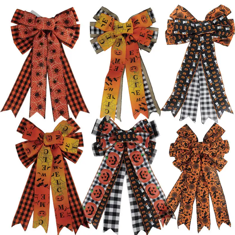 Senmasine Pumpkin Grid Ghost Head Spider Witch Plaid Ribbon Large Halloween Bows For Front Door Hanging Tree Topper Decor