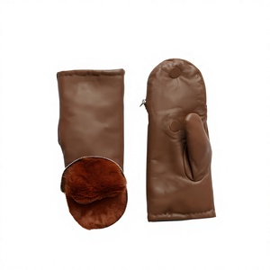 Black Leather Opera-Length Mittens <b>With</b> Pink Faux <b>Fur</b> Cuff Thermal Winter <b>Gloves</b> Casual Style - Product Image 3