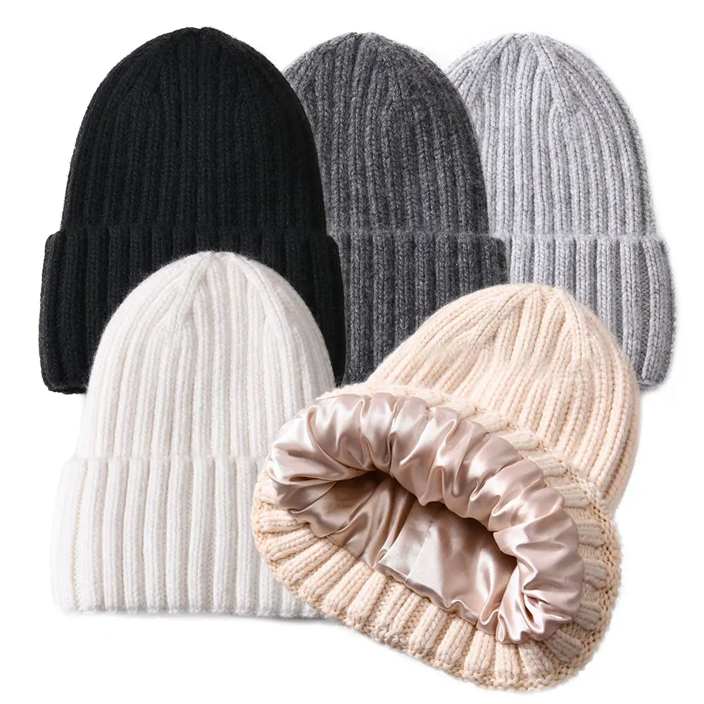 Wholesale Unisex Winter Knitted Cashmere Wool Beanie Hats Women Silk Lined Beanies Custom Soft Cuffed Satin Lined Beanie Hat