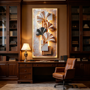 Pintura LED Vertical de Porcelana con Hojas de Ginkgo Doradas, Arte de Pared LED Abstracto para Entrada, Decoración del Hogar, Impresión HD Personalizada - Product Image 5