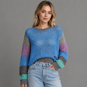 Suéter Feminino 3GG de Tricô Vazado com Blocos de Cores e Crochê Manual, Gola Redonda, Manga Longa, Solto e Vazado - Product Image 1