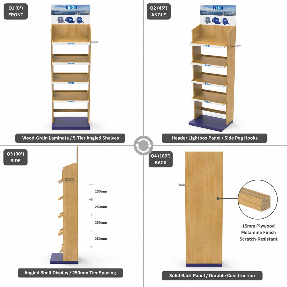 Plywood Floor Hat Display Stand 5-Tier Angled Shelves Custom Logo Header Retail Cap Rack for Clothing Boutique Souvenir Shop — view 3
