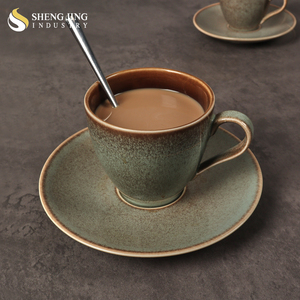 Shengjing stile retrò manico maculato ceramica gres Taza <span class=keywords><strong>Con</strong></span> Bandeja tazza da caffè e Set di piattini rotondi - Product Image 1