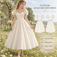 Robe midi personnalisée pour femme, jacquard floral, taille froncée, col incurvé, manches flottantes, jupe évasée, robe de cérémonie coupe trapèze
