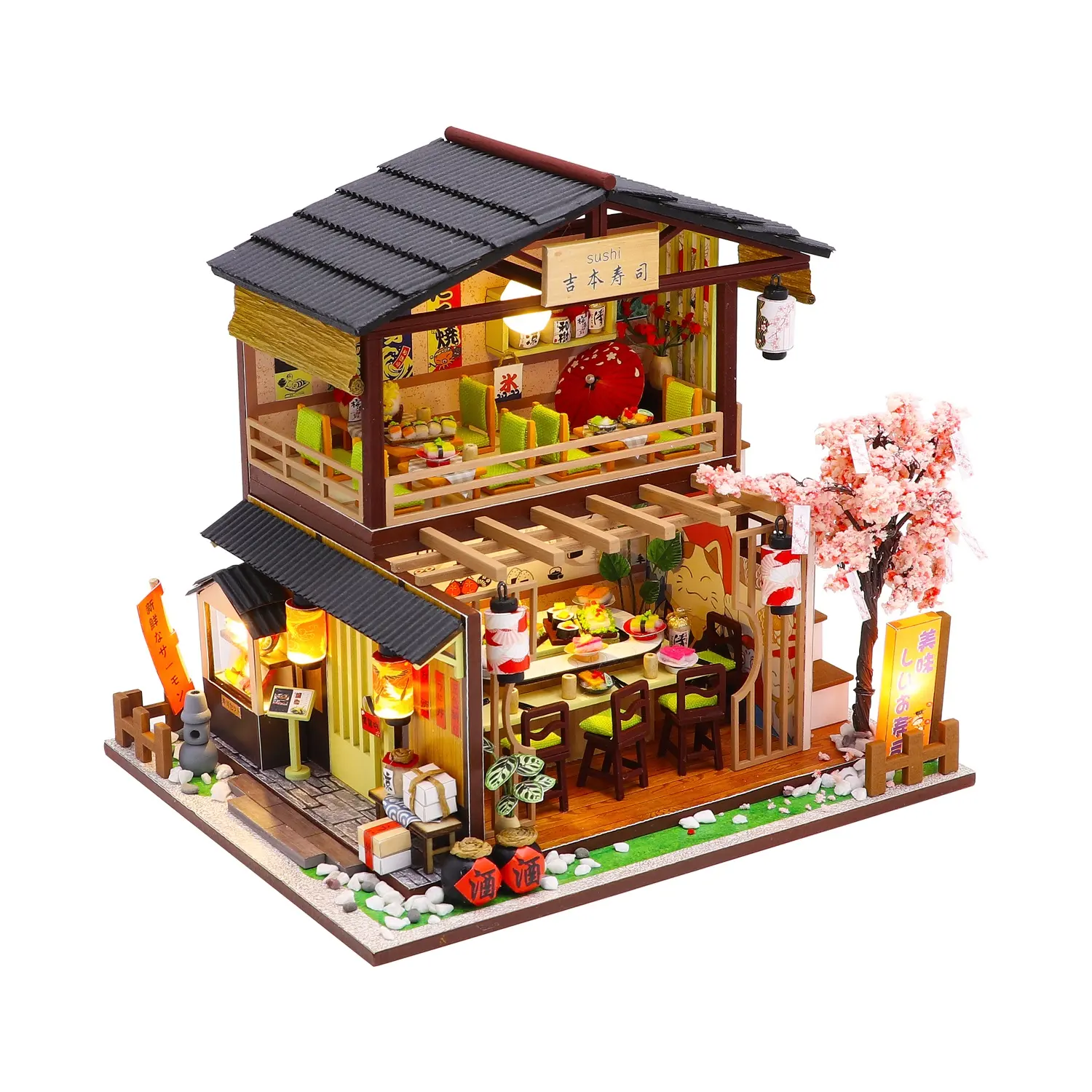 Hongda miniature house toys DIY Dollhouse Wooden Miniature Sushi Shop doll house miniature accessories with Furniture Kit