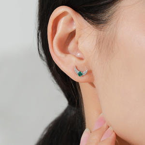 Boucles d'oreilles personnalisables en cuivre, thème étoile et lune, en argent sterling S925, avec zircon vert taille princesse, pour femmes - Product Image 5