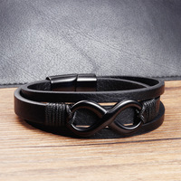 Pulsera de Cuero Negro para Hombre, Tejida con Cuerda de Cuero Vacuno y Acero Inoxidable Infinito, 8 Capas
