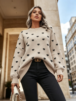 Pull en tricot à col rond pour femme, à manches longues, avec motif jacquard en forme de cœur, ample (personnalisable)