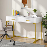 Grand bureau d'ordinateur extensible en bois avec 2 tiroirs, table d'étude moderne blanche avec métal doré