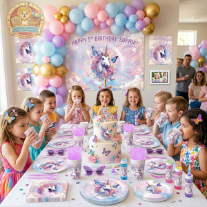 Assiettes en papier jetables numérotées, motif Papillon Licorne, personnalisées pour la fête prénatale et les anniversaires d'enfants, articles de décoration très demandés - Product Image 1