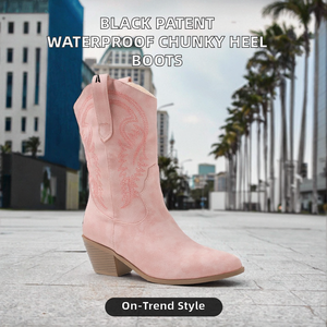 Bottes hautes à talon épais imperméables en PU noir à bout ouvert pour femmes, style western cowboy, fermeture éclair, automne - Product Image 2