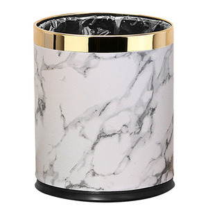 Cylindrical Waste Bin Wood Grain Metal Rim Indoor Living Room Bedroom Kitchen Bathroom Trash Can <b>Light</b> Luxury Style - Product Image 3