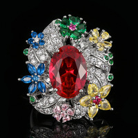 Bague imposante et colorée en zircone cubique, coupe ovale, grand cluster de fleurs en CZ, style jardin, bijoux de déclaration pour mariage et fête