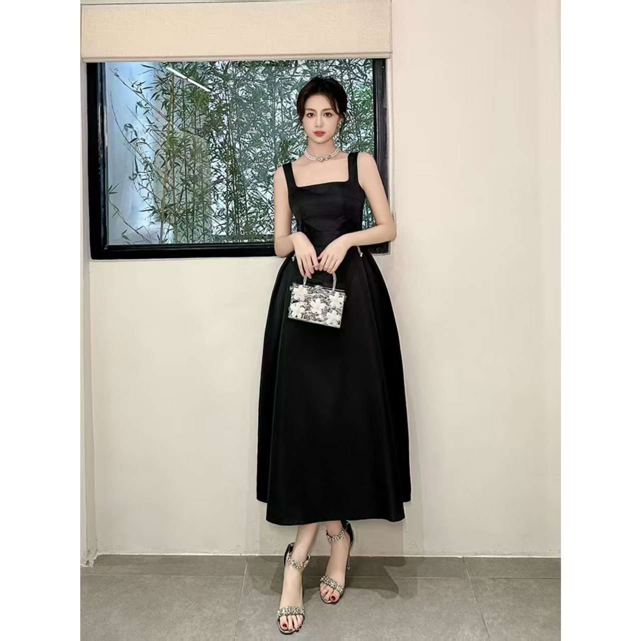 Women's Black Mid-Calf Evening Dress with Square Neckline White Accents for Parties-Low MOQ Clothing| Alibaba.com Women's Black Mid-Calf Evening Dress with Square Neckline White Accents for Parties-Low MOQ Clothing| Alibaba.com