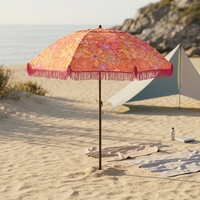 Parasol de plage et de jardin 2m, grand, floral, style bohème, léger, avec poteau métallique réglable manuellement, à pampilles et franges, pour le sable