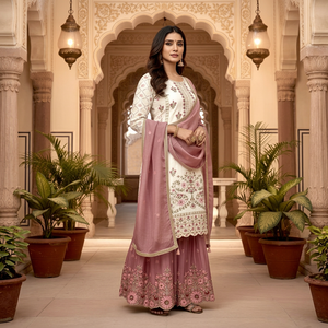 <b>White</b> Pink Floral Embroidered Salwar Kameez Set <b>Chiffon</b> Silk Palazzo Dupatta Wedding Party Women - Product Image 1