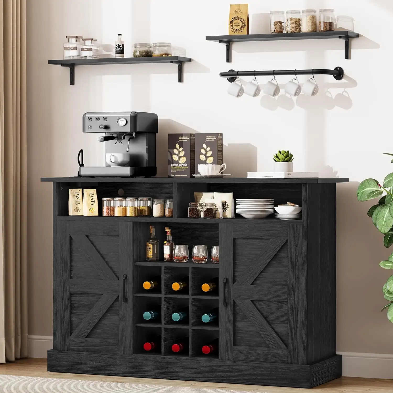 Noir 47 "Café Bar Buffet Buffet Armoire De Rangement Du Vin Avec Étagère Flottante Prise De Courant Pour La Cuisine