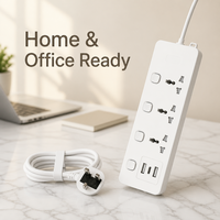 Multiprise universelle 4 prises Royaume-Uni avec logo personnalisé, interrupteurs individuels, 2 ports USB-A et 1 port USB-C, câble d'extension