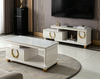 Table TV moderne extensible avec rangement pour salon, table basse avec plateau en verre et 2 tiroirs, meuble de maison