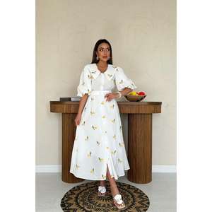 Robe de cocktail rose à imprimé floral, ceinturée, coupe trapèze, en coton et fibre de bambou respirante, taille naturelle, col carré - Product Image 6