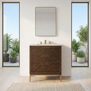 Mueble de Baño Moderno de Madera con Diseño Chevron de 30 Pulgadas, Base de Metal Dorado y <span class=keywords><strong>Encimera</strong></span> de Cuarzo Blanco - Product Image 1