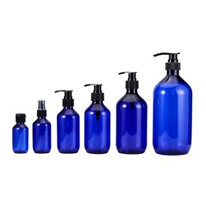 Botellas cosméticas de plástico azul con bomba de 500 ml, forma cilíndrica, para envasado de champú y gel de ducha - Product Image 4