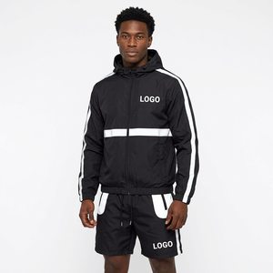 Ensemble de survêtement unisexe noir à capuche avec bandes blanches, séchage rapide, polyester, design sportif pour adultes, tenue décontractée printemps - Product Image 1