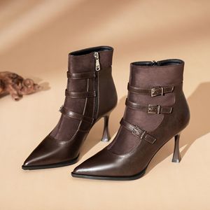 Y950-5 <b>Ankle</b> Boots Pointed Toe Thin Heel 5CM-8CM Buckle Fashion Women's <b>Bootie</b> - Product Image 1