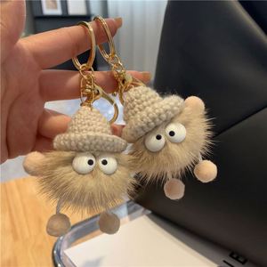 Porte-clés pendentif en peluche Eggette, adorable boule noire, 12 cm, doux, pour sac, avec pompon - Product Image 2