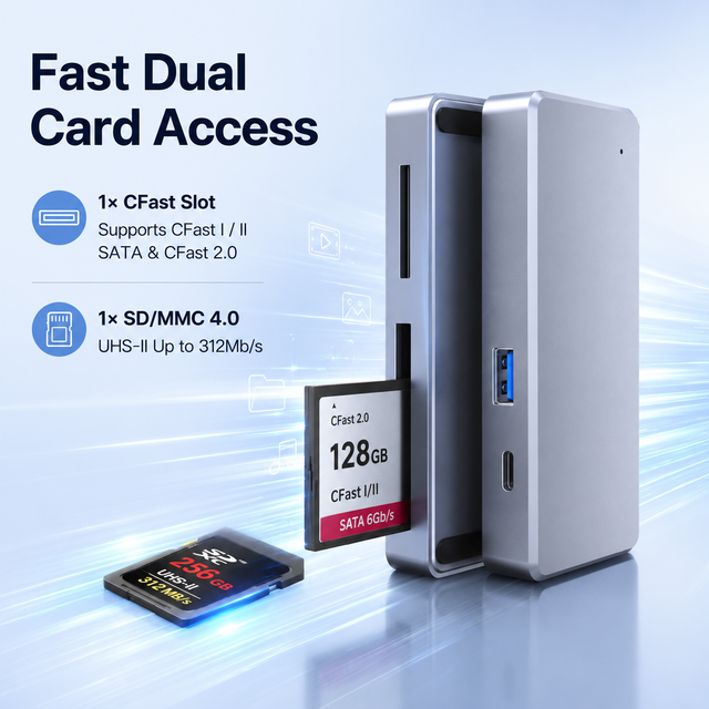 USB 3.0 4-in-1 Card Reader & Hub, 5Gbps CFast 2.0/SD UHS-II Reader with USB-A/USB-C Ports for Pro Video Workflows