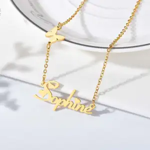 Fashion Custom Stainless Steel Name Necklace With Butterfly For Women Personalized Cutomizxed Logo Necklaces Gift