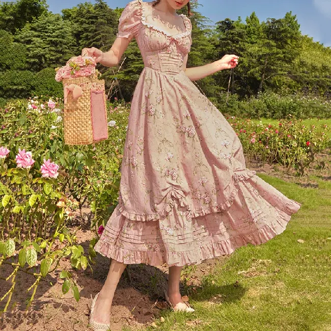 Korset Kerut cetak bunga elegan Vintage katun 100% musim panas kustomisasi gaun Midi untuk wanita