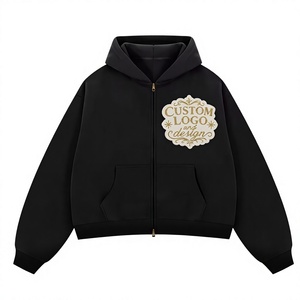 Sweat-shirt streetwear noir tricoté oversize zippé décontracté à épaules tombantes, avec broderie usée, délavage acide et strass - Product Image 1